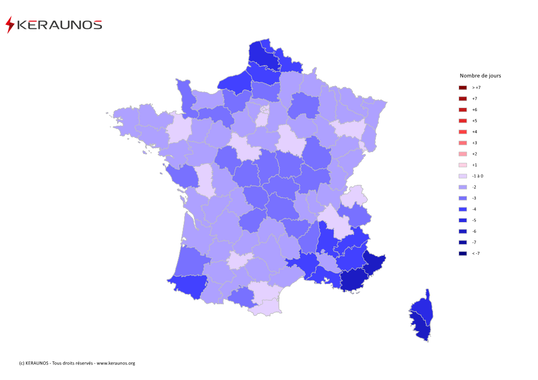 Carte Anomalie du nombre de jours avec orage (moyenne 2009-2015)