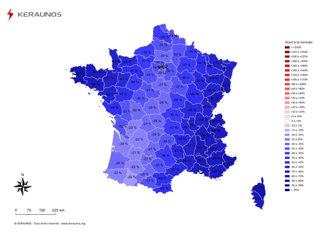 Carte Ecart à la normale de l'instabilité latente - (MUCAPE)