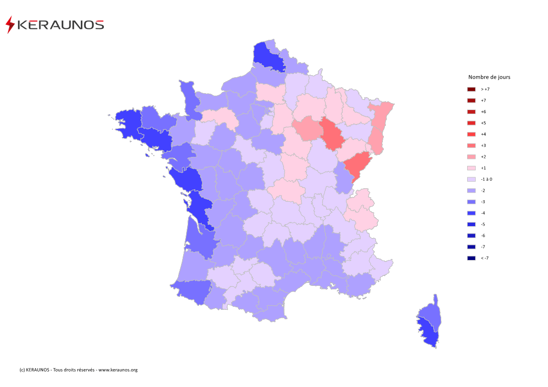 Carte Anomalie du nombre de jours avec orage (moyenne 2009-2015)