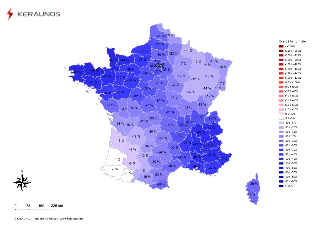 Carte Ecart à la normale de l'instabilité latente - (MUCAPE)