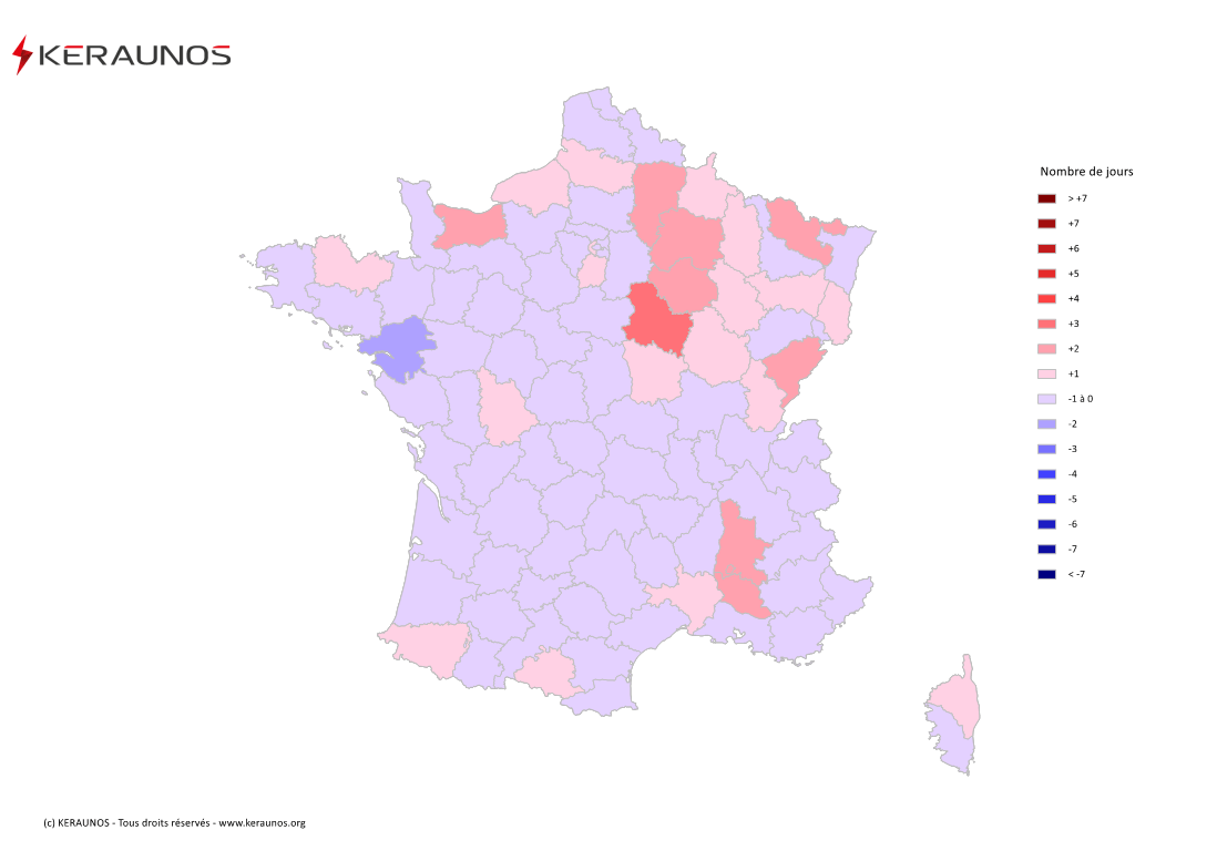 Carte Anomalie du nombre de jours avec orage (moyenne 2009-2015)