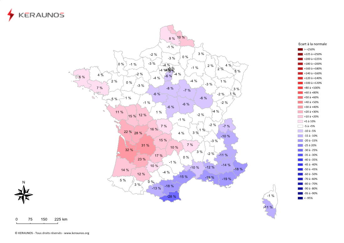 Carte Ecart à la normale de l'instabilité latente - (MUCAPE)