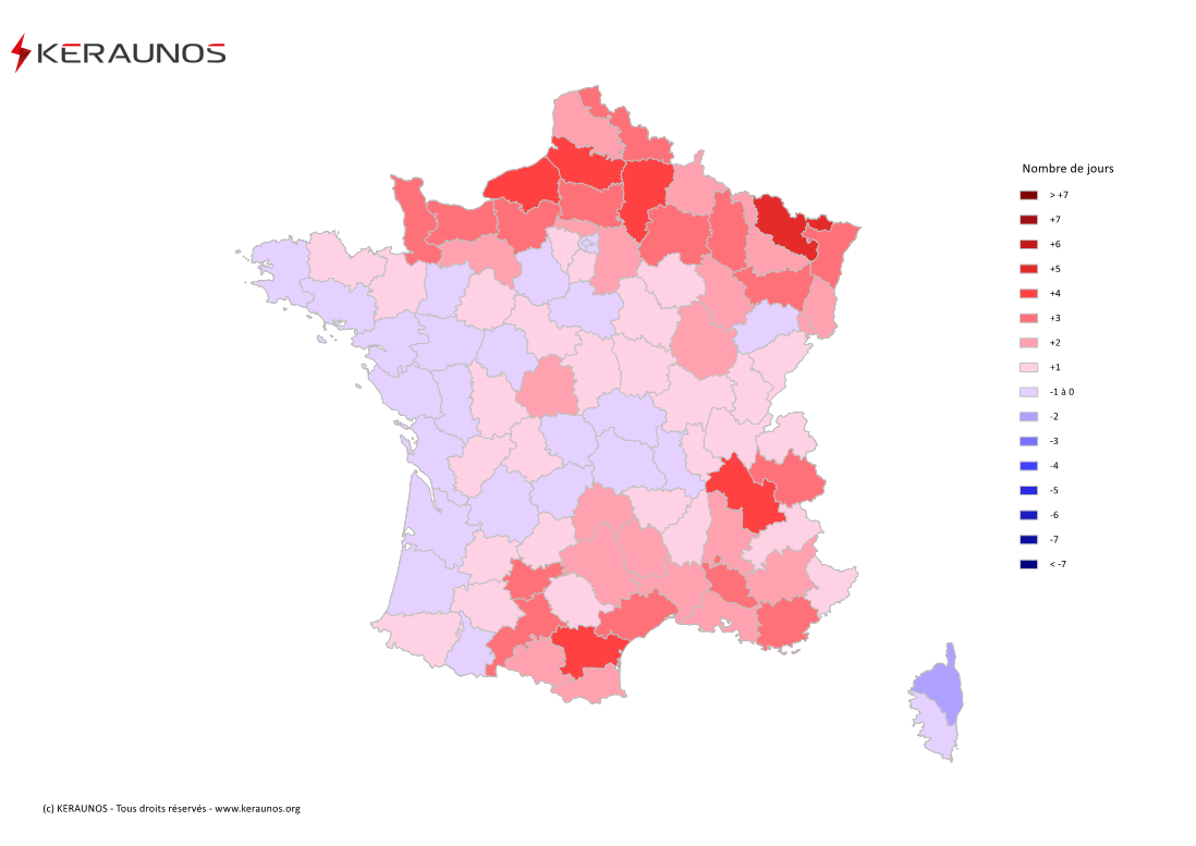 Carte Anomalie du nombre de jours avec orage (moyenne 2009-2015)