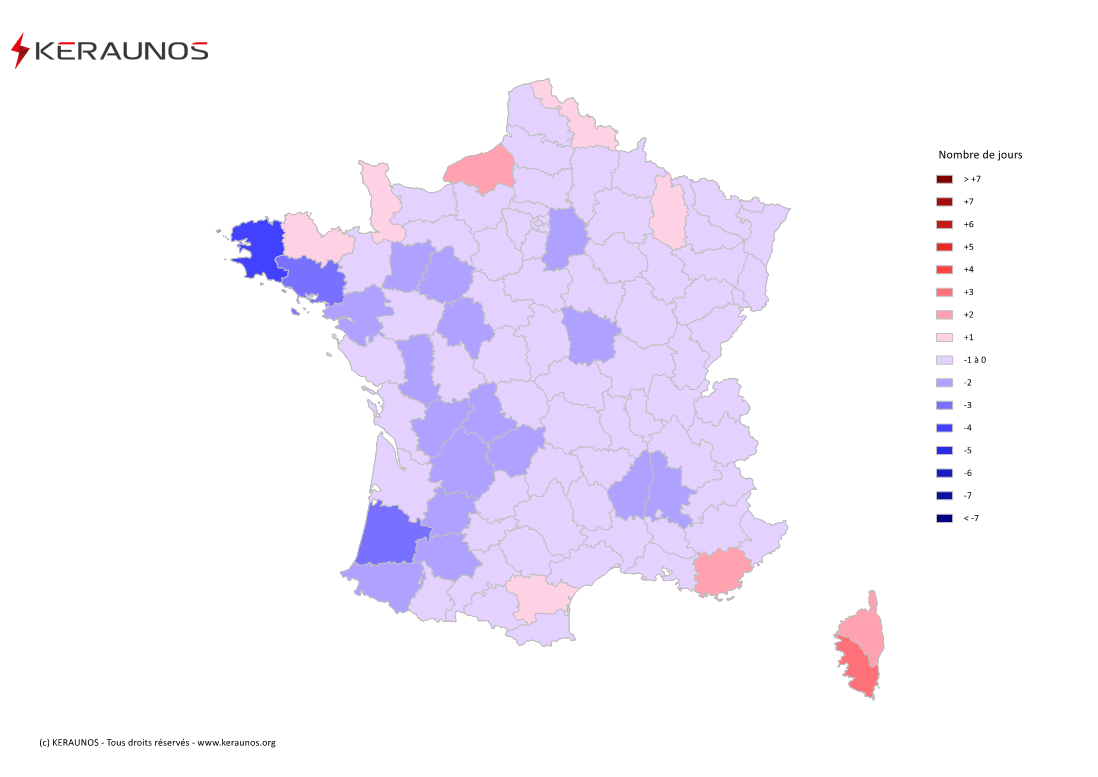 Carte Anomalie du nombre de jours avec orage (moyenne 2009-2015)