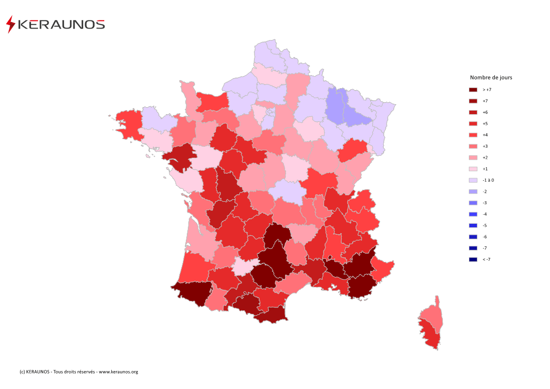 Carte Anomalie du nombre de jours avec orage (moyenne 2009-2015)