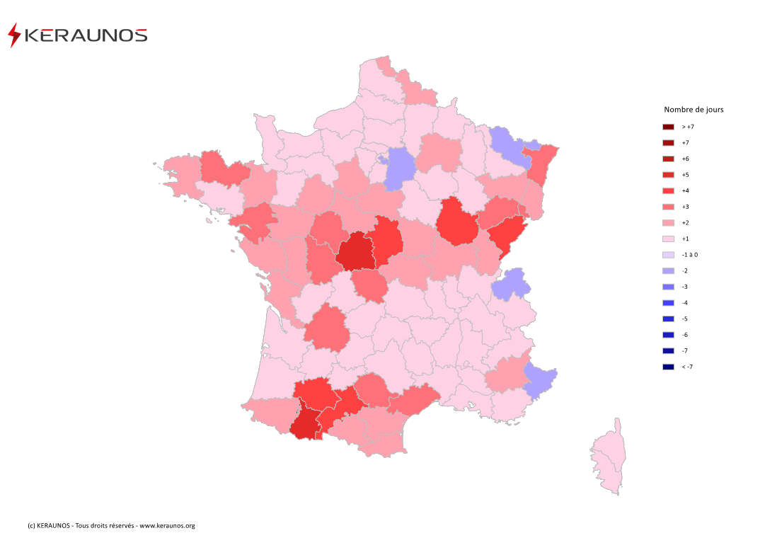 Carte Anomalie du nombre de jours avec orage (moyenne 2009-2015)