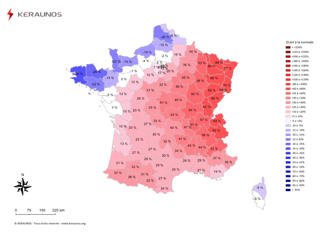 Carte Ecart à la normale de l'instabilité latente - (MUCAPE)