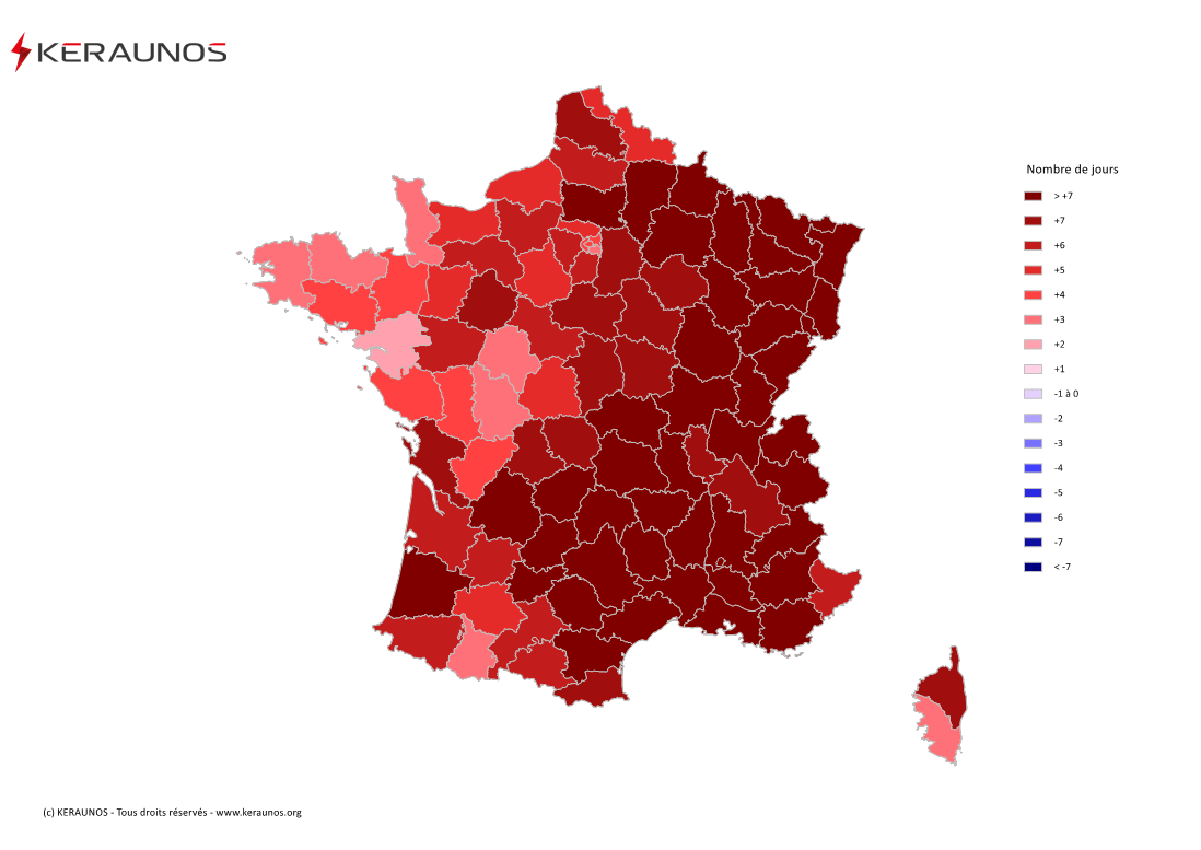 Carte Anomalie du nombre de jours avec orage (moyenne 2009-2015)