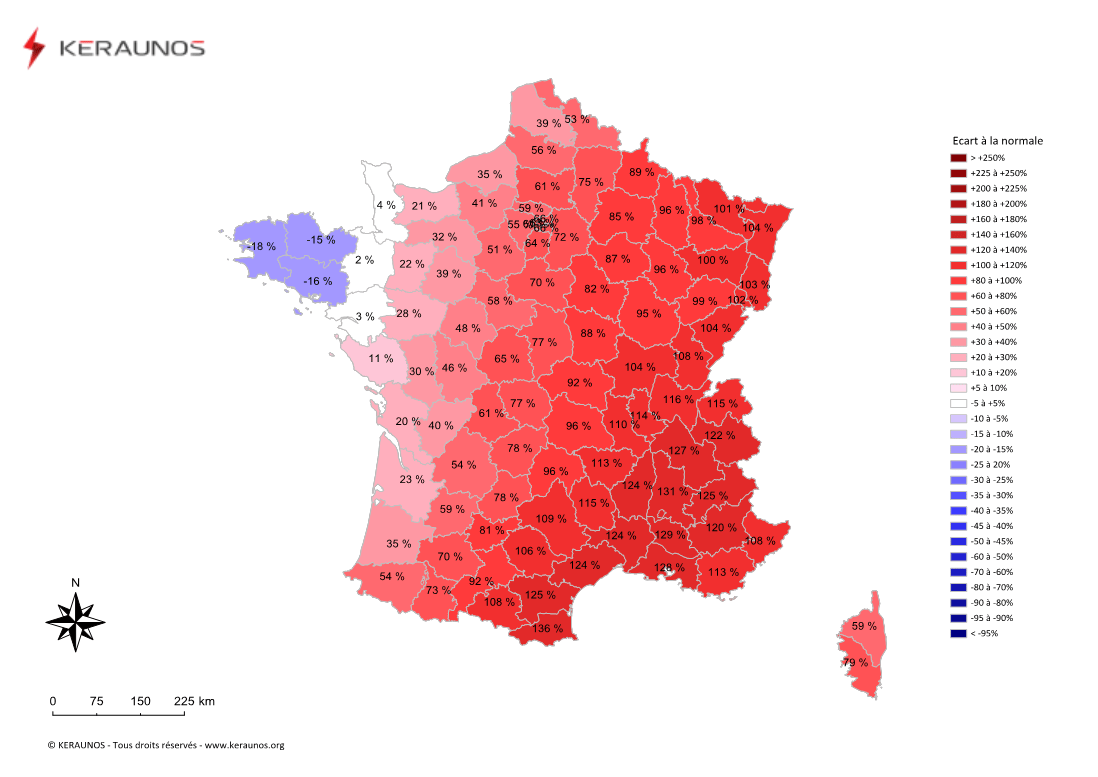 Carte Ecart à la normale de l'instabilité latente - (MUCAPE)