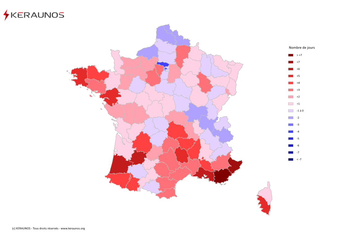 Carte Anomalie du nombre de jours avec orage (moyenne 2009-2015)