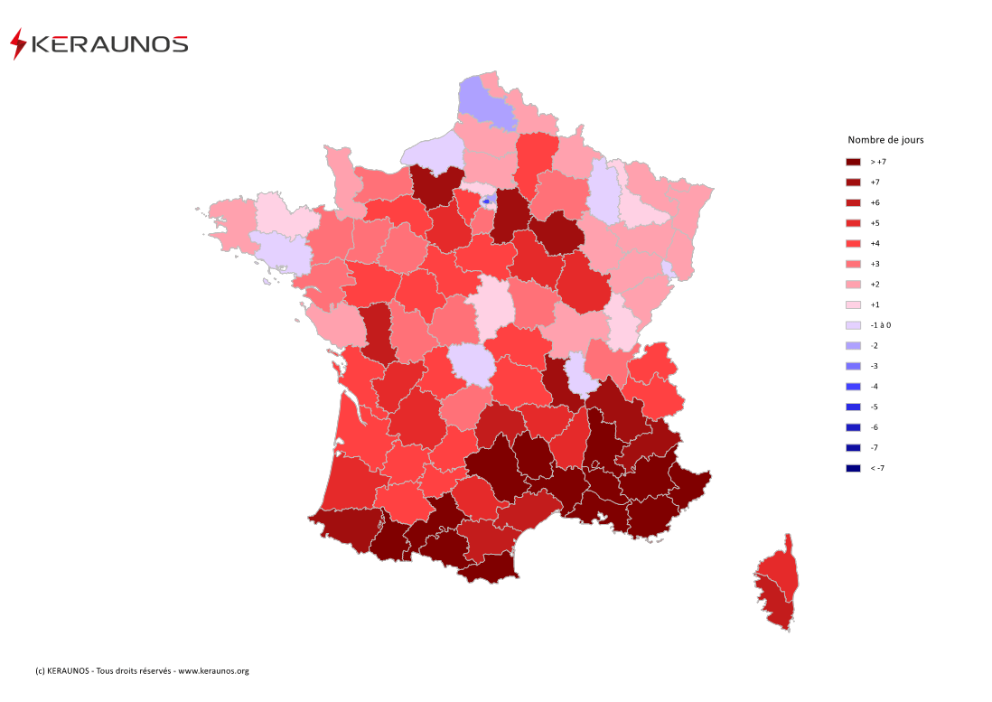 Carte Anomalie du nombre de jours avec orage (moyenne 2009-2015)