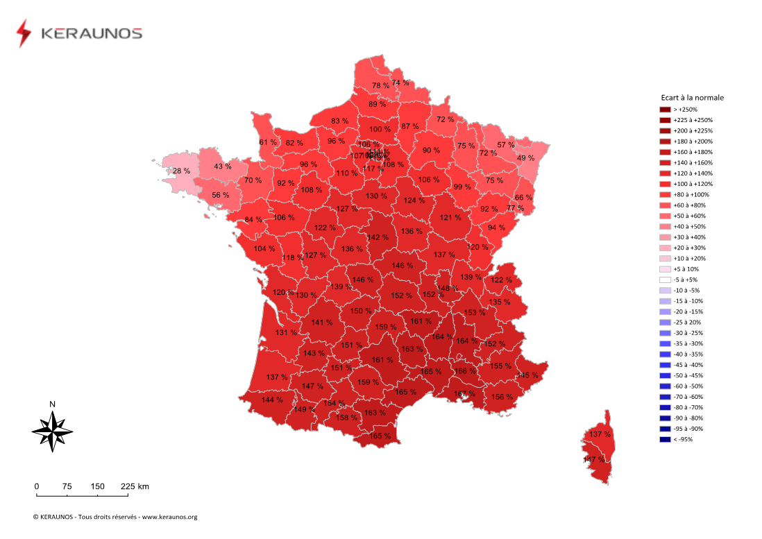 Carte Ecart à la normale de l'instabilité latente - (MUCAPE)