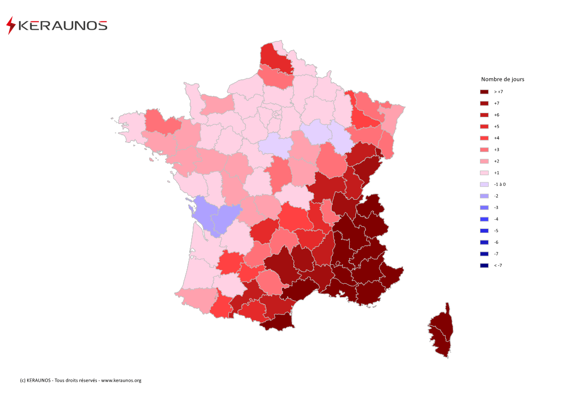 Carte Anomalie du nombre de jours avec orage (moyenne 2009-2015)