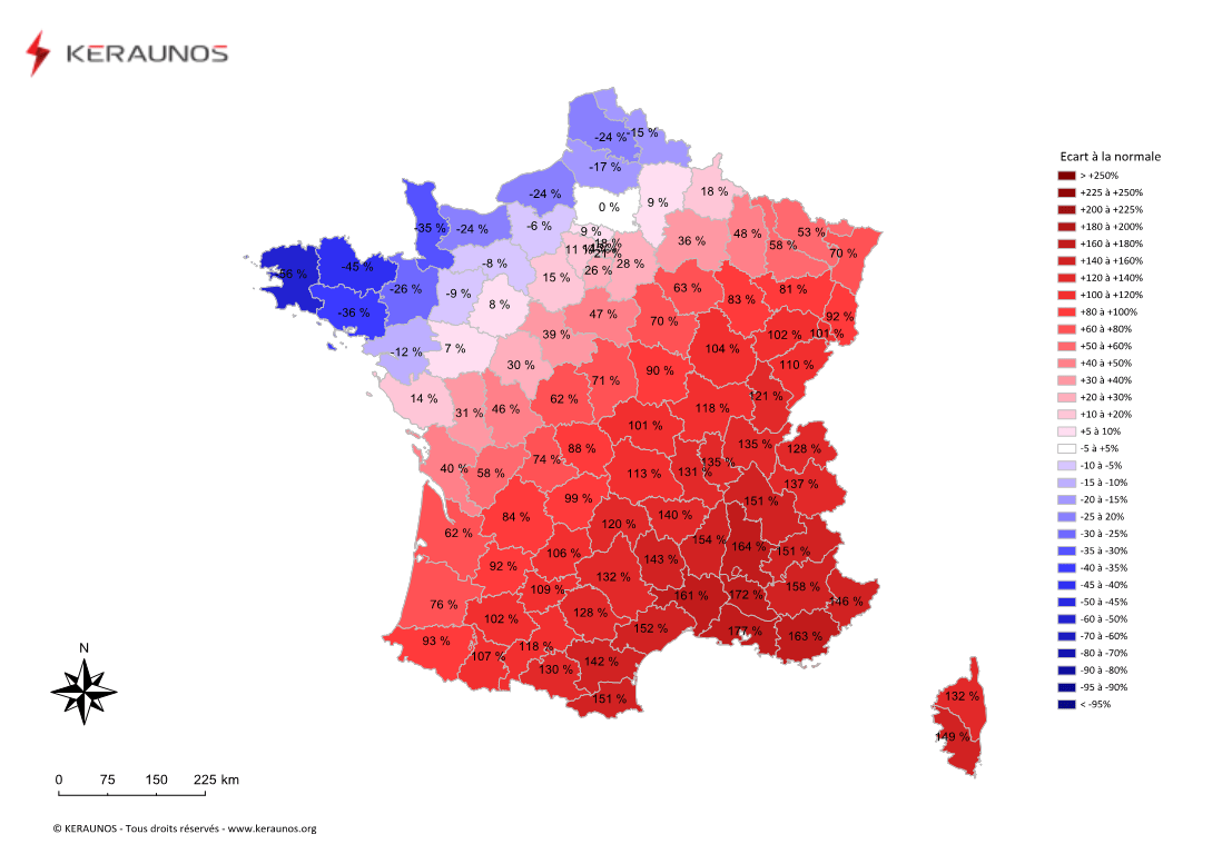 Carte Ecart à la normale de l'instabilité latente - (MUCAPE)