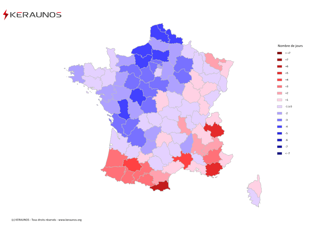 Carte Anomalie du nombre de jours avec orage (moyenne 2009-2015)