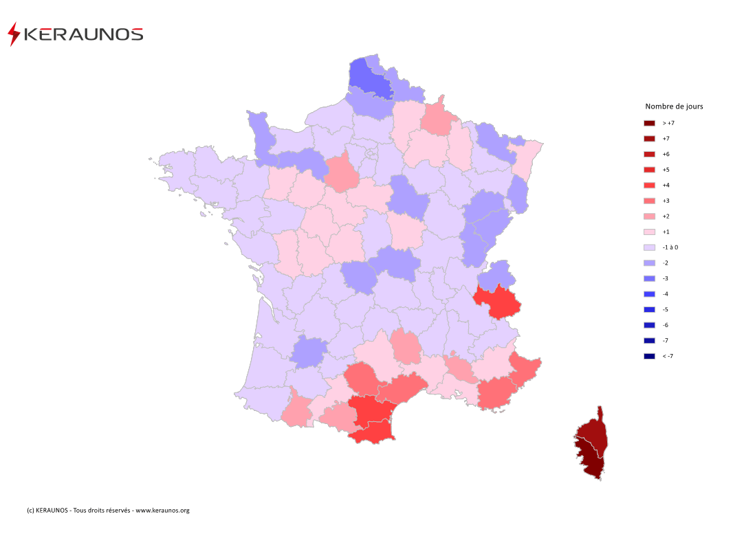 Carte Anomalie du nombre de jours avec orage (moyenne 2009-2015)