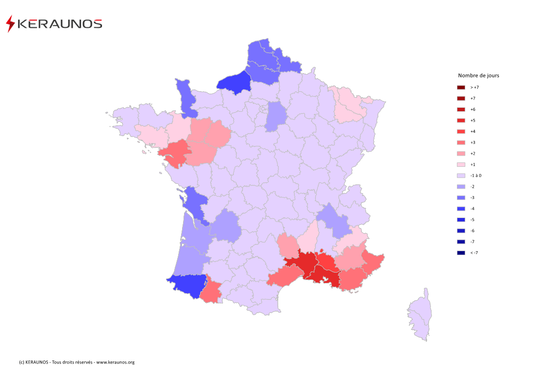 Carte Anomalie du nombre de jours avec orage (moyenne 2009-2015)