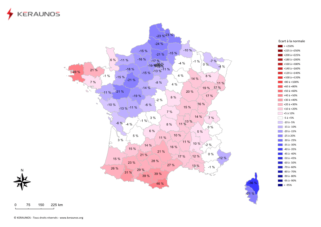 Carte Ecart à la normale de l'instabilité latente - (MUCAPE)