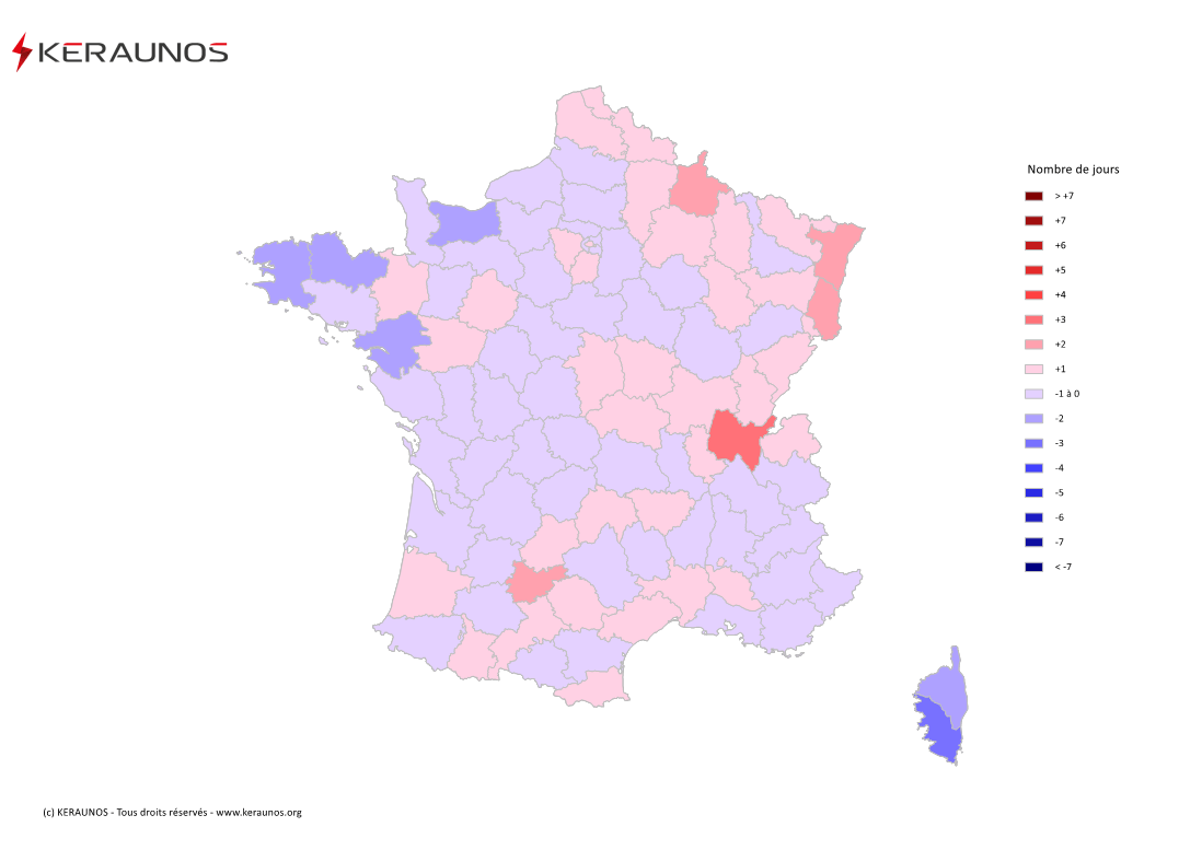 Carte Anomalie du nombre de jours avec orage (moyenne 2009-2015)