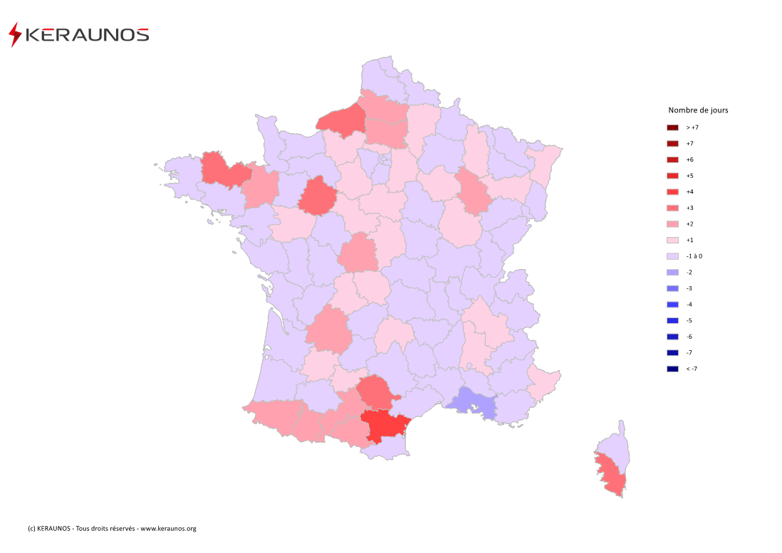 Carte Anomalie du nombre de jours avec orage (moyenne 2009-2015)