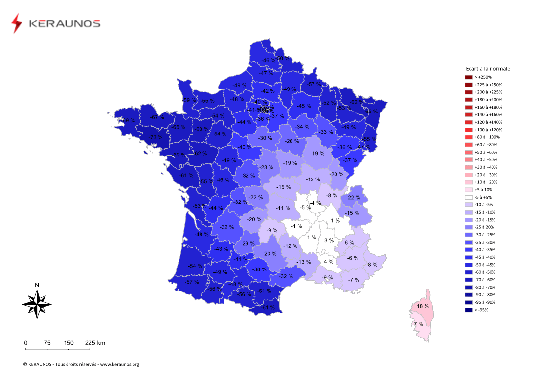 Carte Ecart à la normale de l'instabilité latente - (MUCAPE)