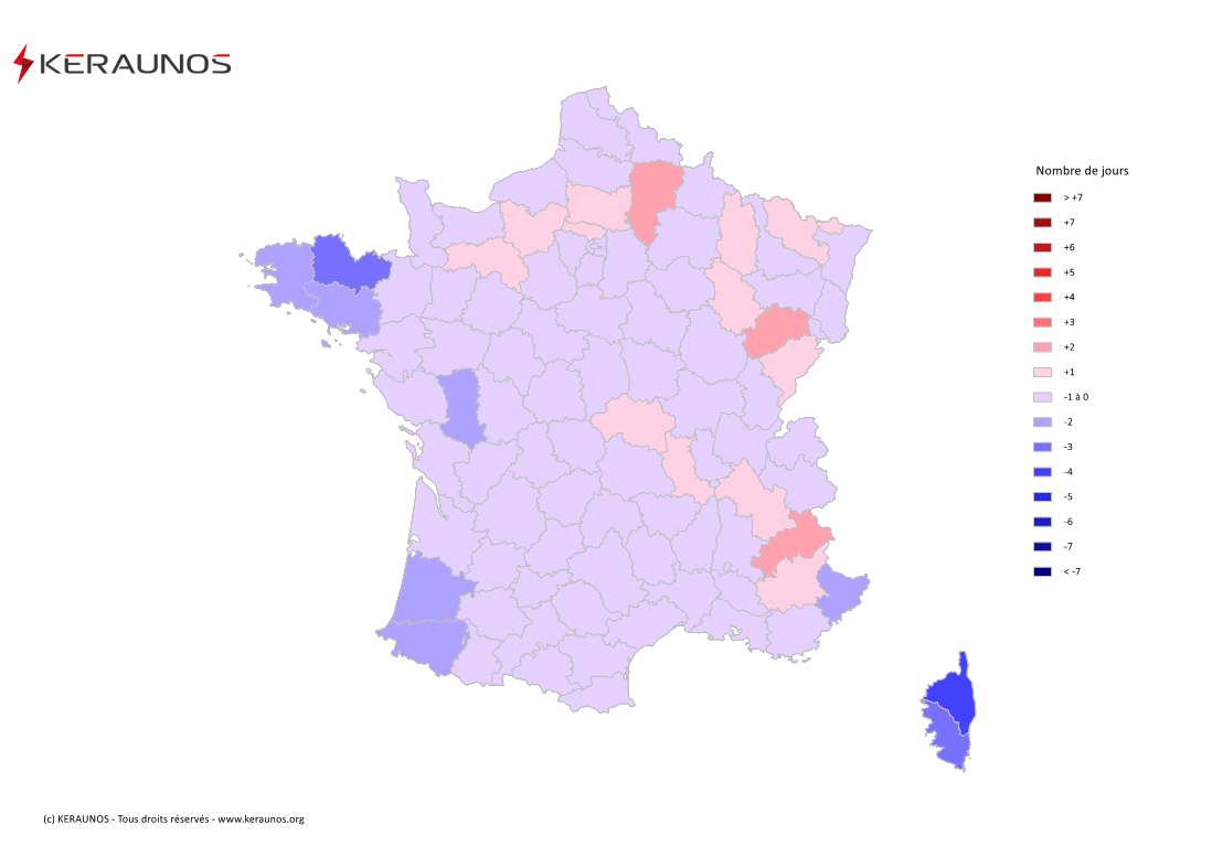 Carte Anomalie du nombre de jours avec orage (moyenne 2009-2015)