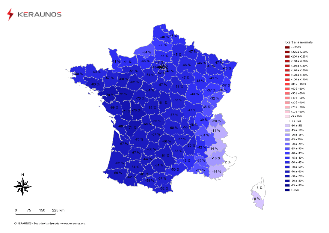 Carte Ecart à la normale de l'instabilité latente - (MUCAPE)