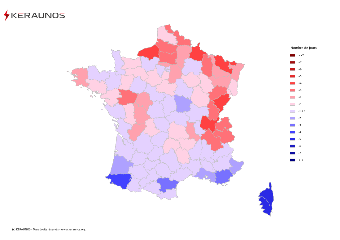 Carte Anomalie du nombre de jours avec orage (moyenne 2009-2015)