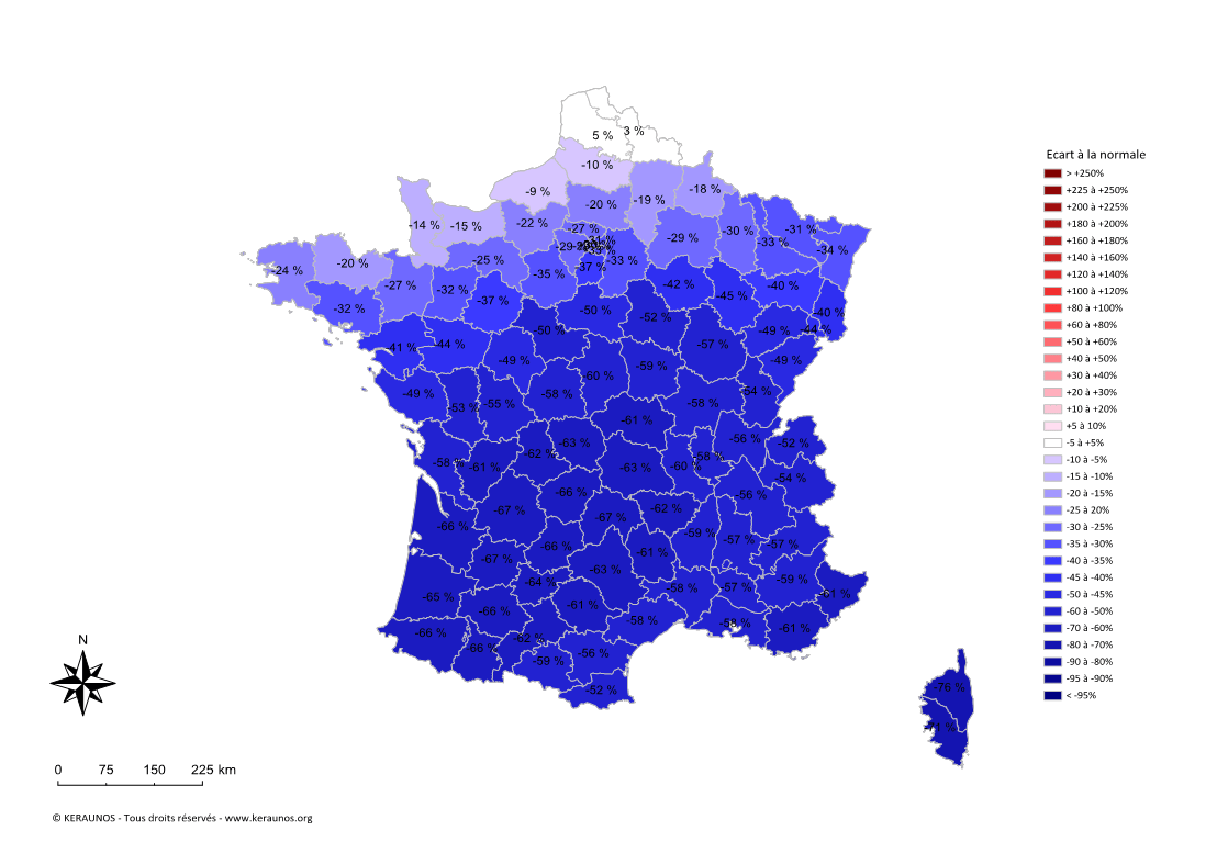 Carte Ecart à la normale de l'instabilité latente - (MUCAPE)