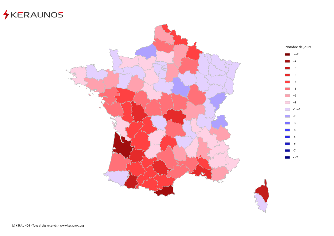 Carte Anomalie du nombre de jours avec orage (moyenne 2009-2015)