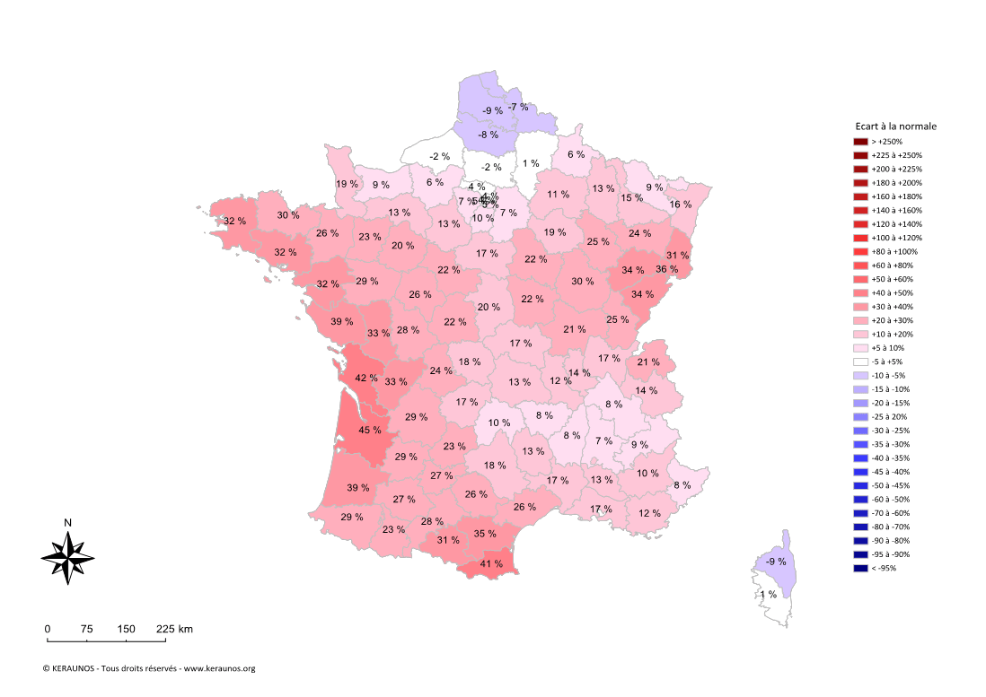 Carte Ecart à la normale de l'instabilité latente - (MUCAPE)