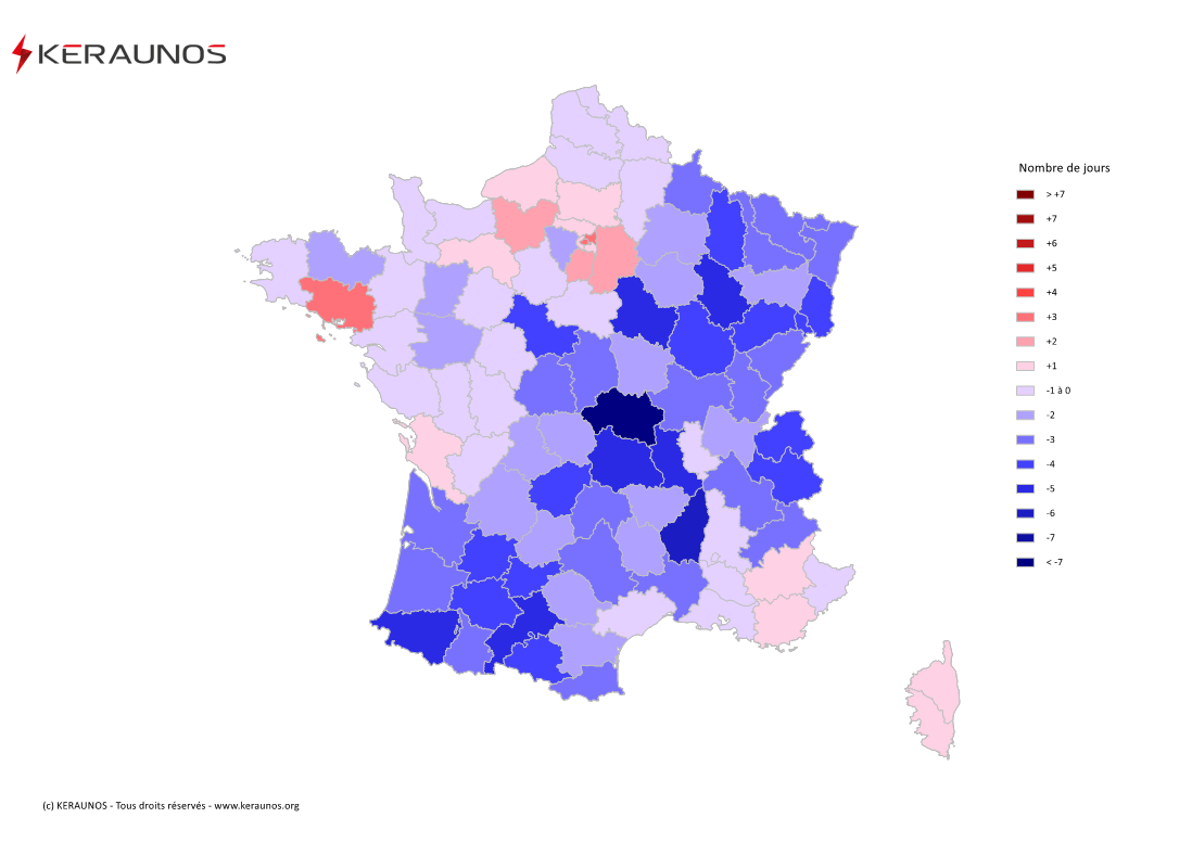 Carte Anomalie du nombre de jours avec orage (moyenne 2009-2015)