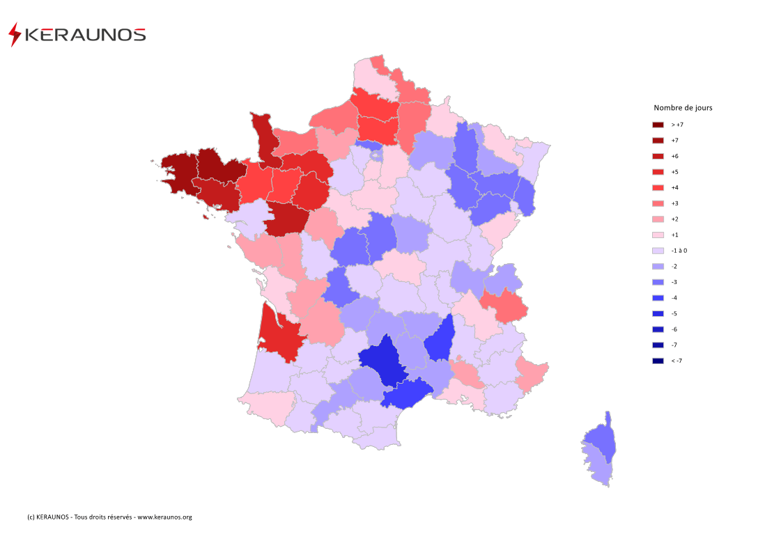 Carte Anomalie du nombre de jours avec orage (moyenne 2009-2015)