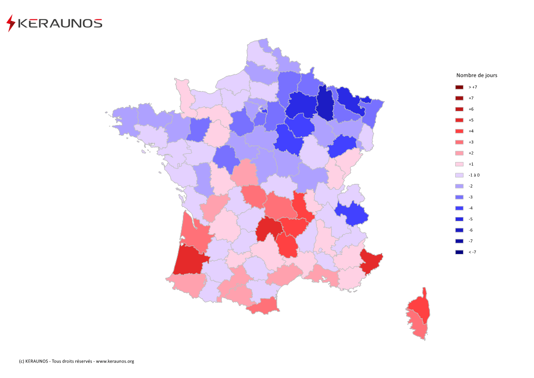 Carte Anomalie du nombre de jours avec orage (moyenne 2009-2015)