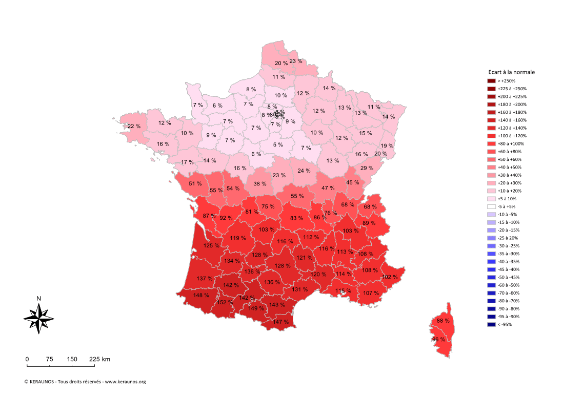 Carte Ecart à la normale de l'instabilité latente - (MUCAPE)