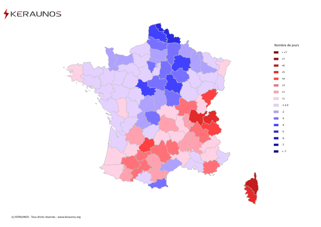 Carte Anomalie du nombre de jours avec orage (moyenne 2009-2015)