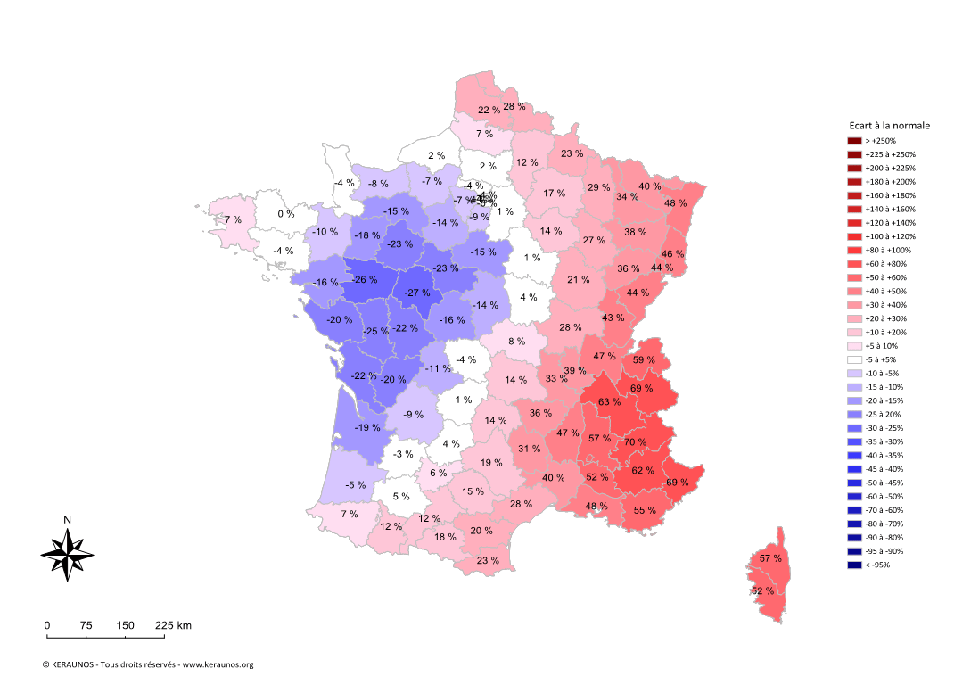 Carte Ecart à la normale de l'instabilité latente - (MUCAPE)