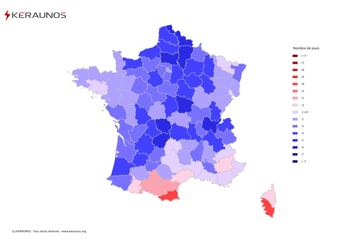 Carte Anomalie du nombre de jours avec orage (moyenne 2009-2015)