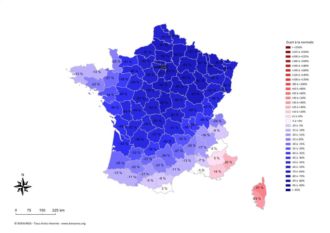 Carte Ecart à la normale de l'instabilité latente - (MUCAPE)