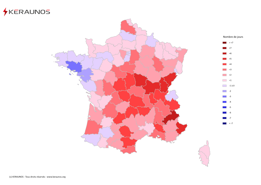 Carte Anomalie du nombre de jours avec orage (moyenne 2009-2015)