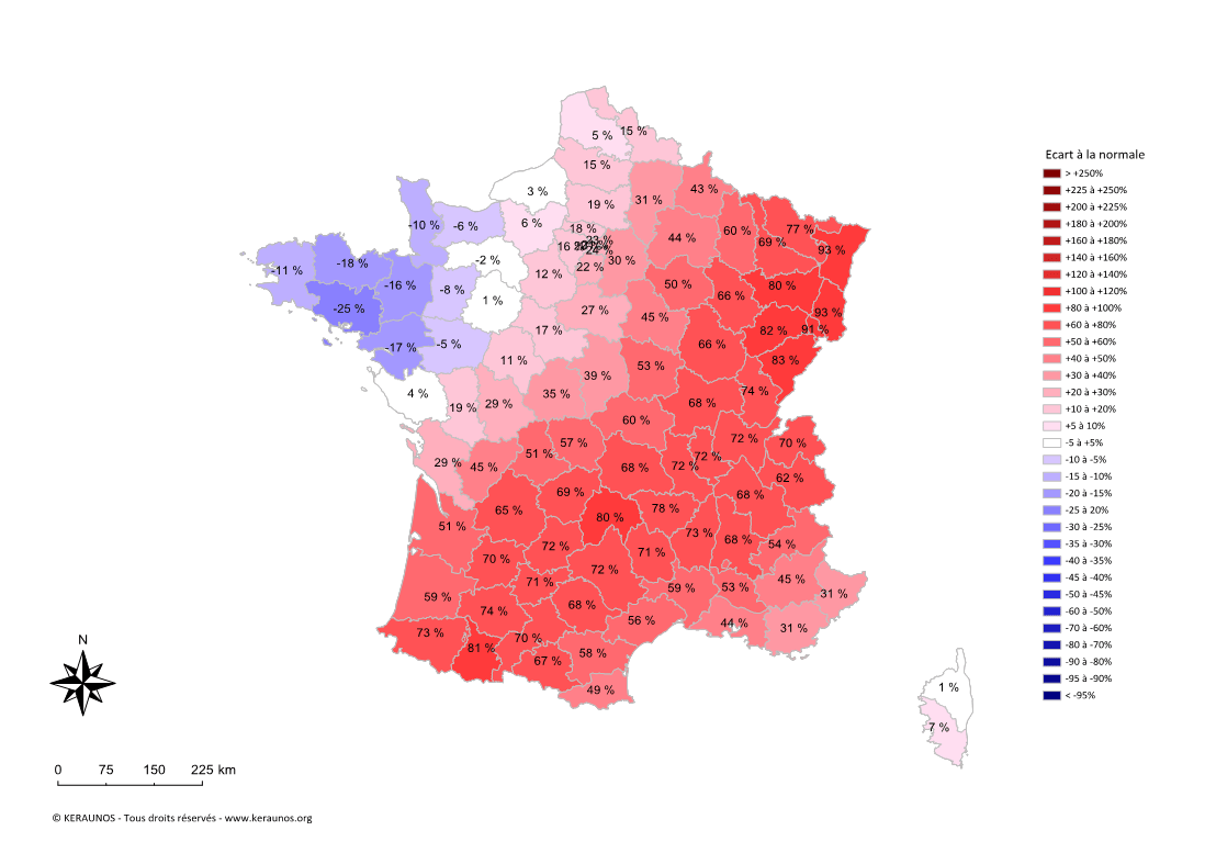 Carte Ecart à la normale de l'instabilité latente - (MUCAPE)