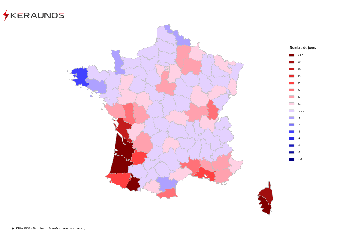 Carte Anomalie du nombre de jours avec orage (moyenne 2009-2015)