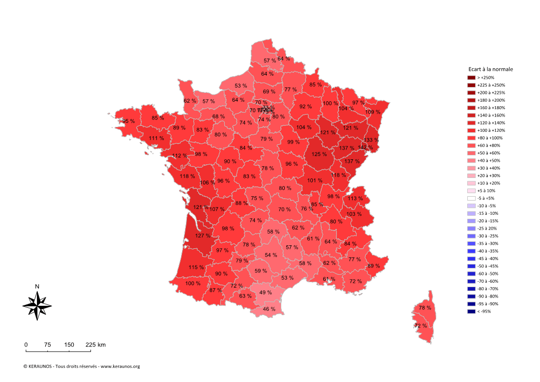 Carte Ecart à la normale de l'instabilité latente - (MUCAPE)