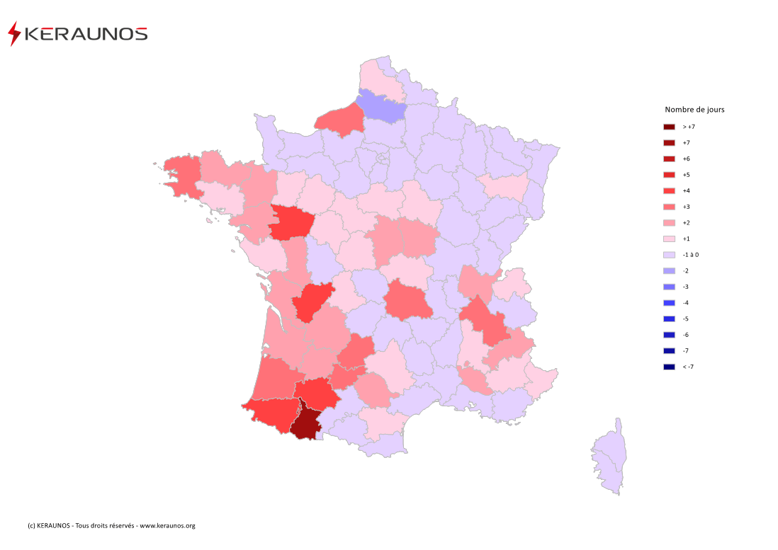 Carte Anomalie du nombre de jours avec orage (moyenne 2009-2015)