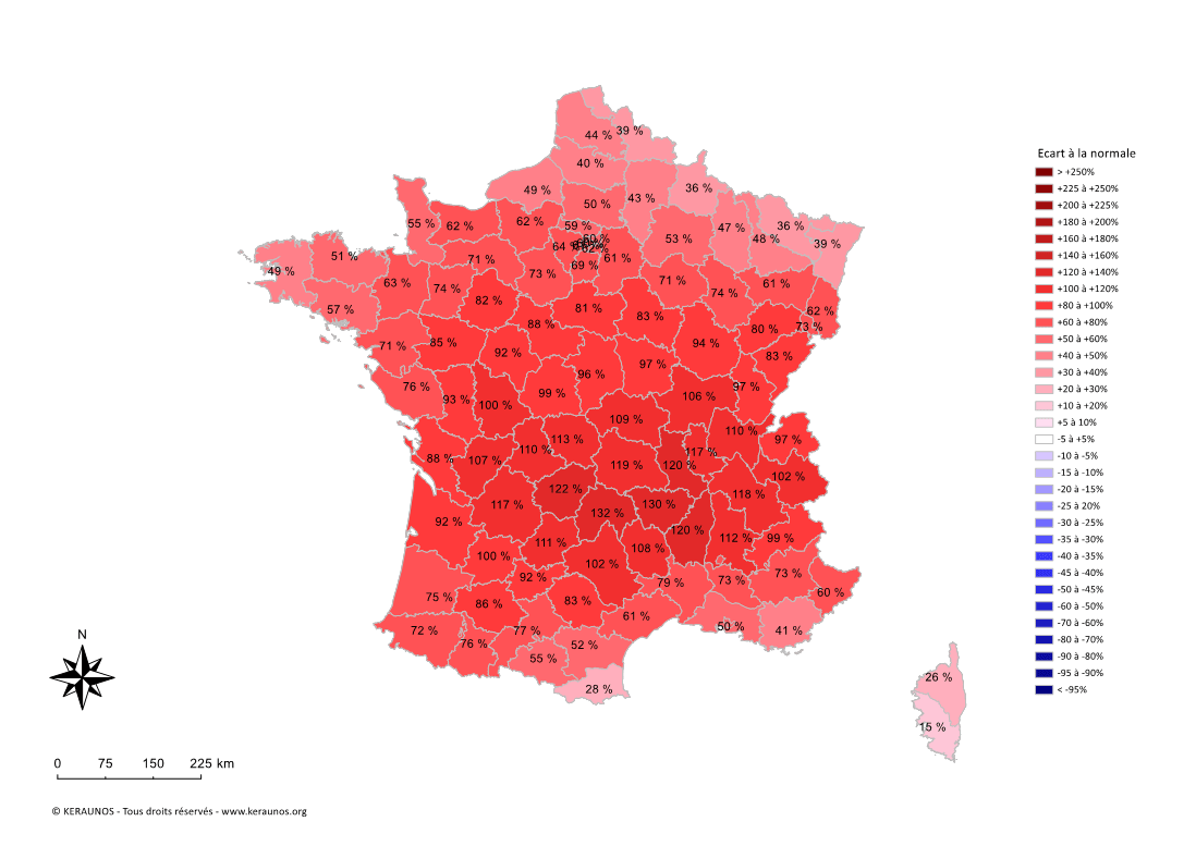 Carte Ecart à la normale de l'instabilité latente - (MUCAPE)