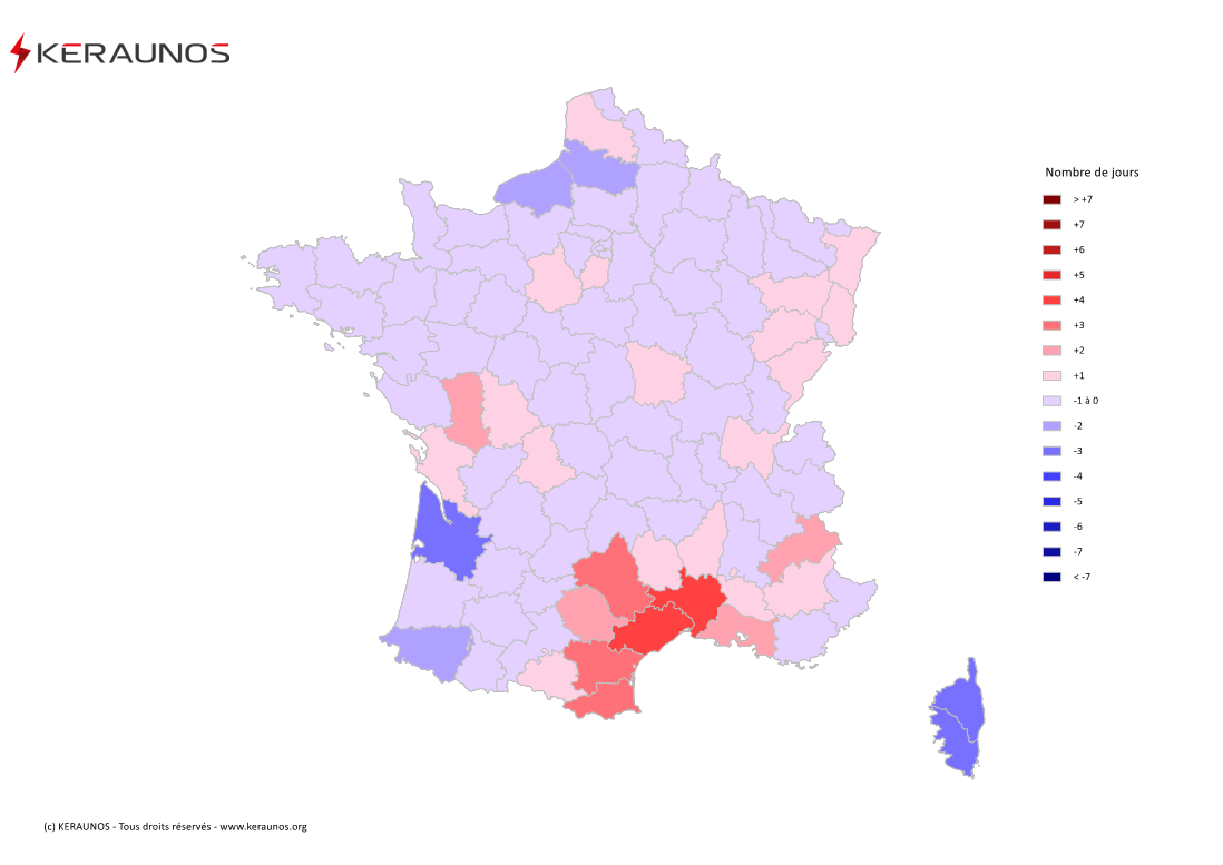 Carte Anomalie du nombre de jours avec orage (moyenne 2009-2015)