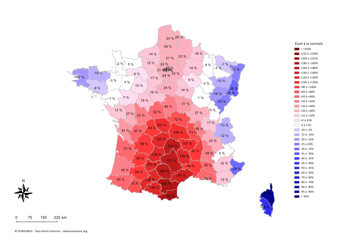 Carte Ecart à la normale de l'instabilité latente - (MUCAPE)