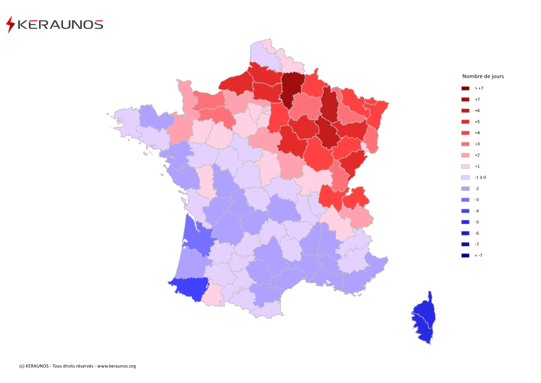 Carte Anomalie du nombre de jours avec orage (moyenne 2009-2015)