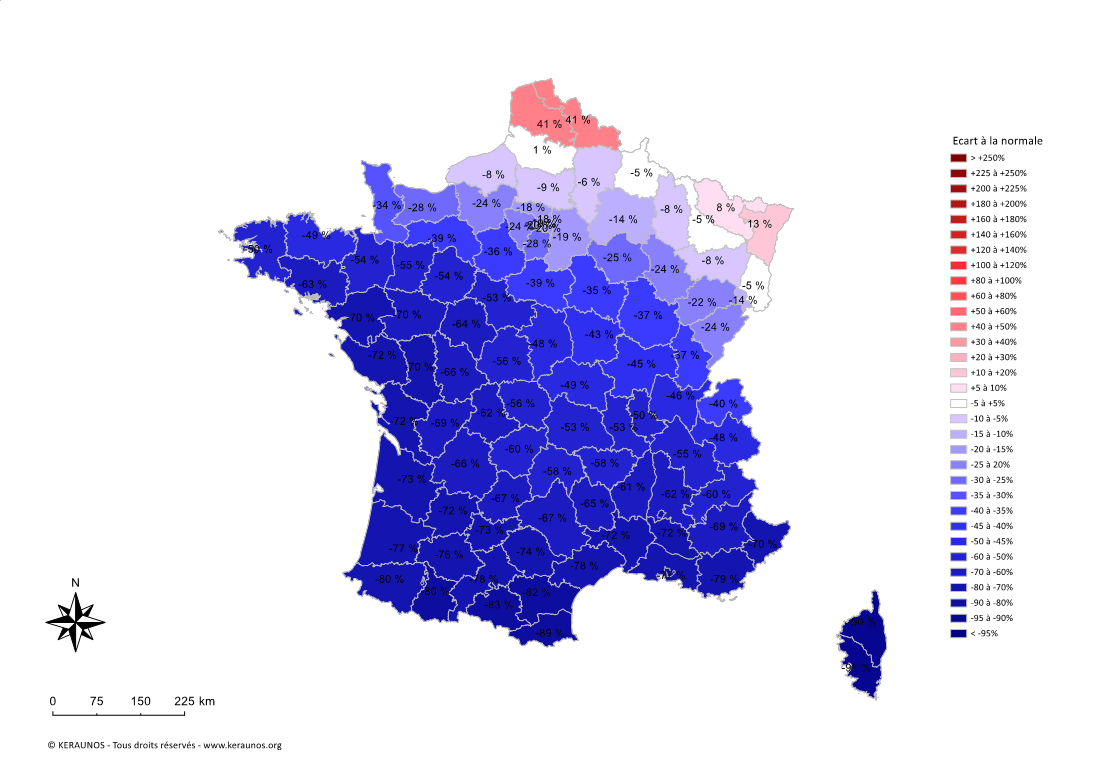 Carte Ecart à la normale de l'instabilité latente - (MUCAPE)