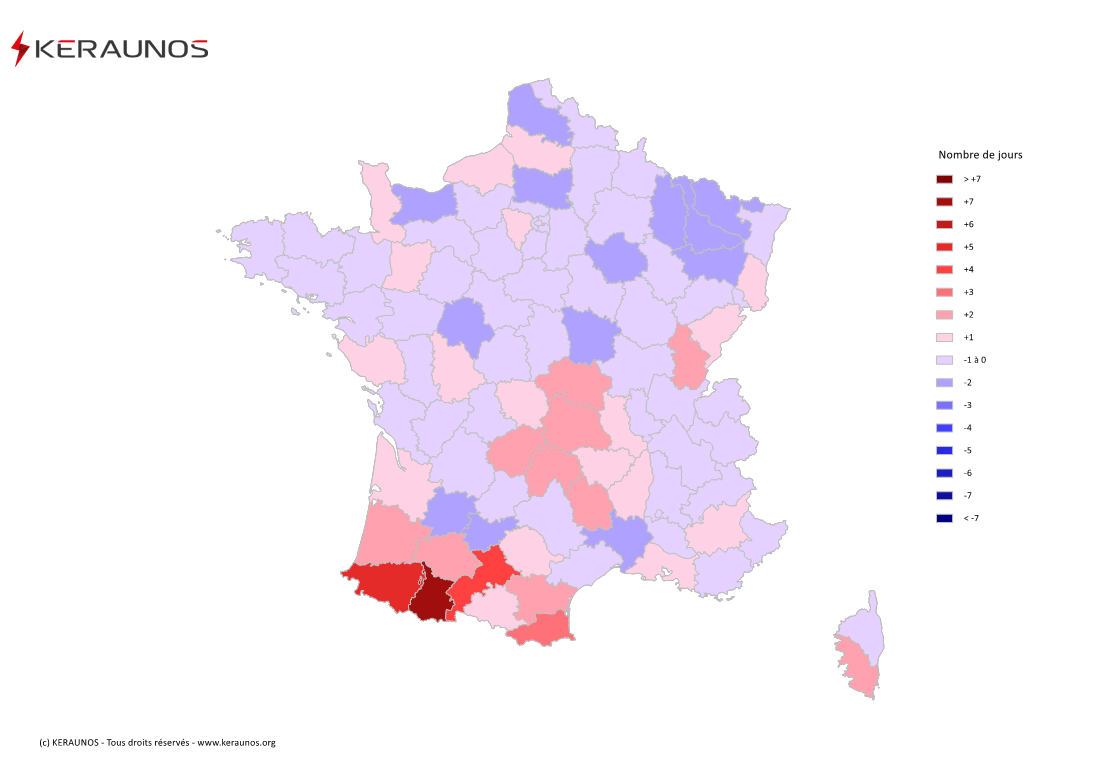 Carte Anomalie du nombre de jours avec orage (moyenne 2009-2015)